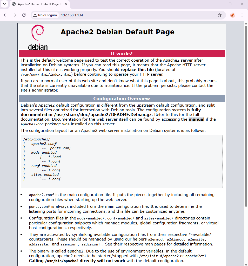 Acceso a Apache desde el navegador de la máquina anfitriona mediante la IP de Debian