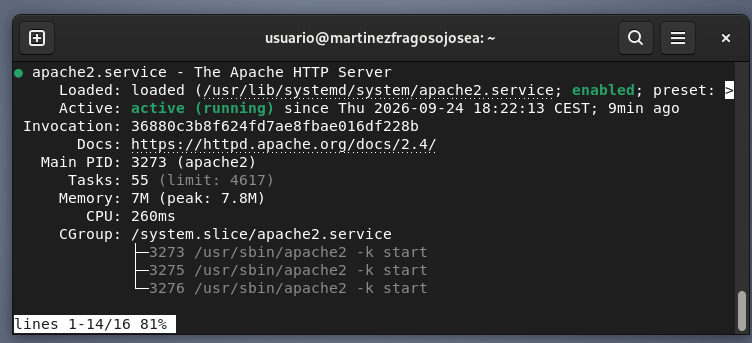 Estado del servicio Apache mostrado con systemctl
