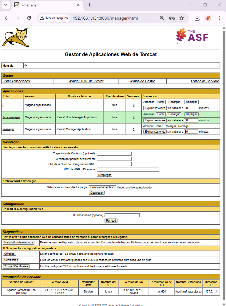 Interfaz Tomcat Manager accesible desde la máquina anfitriona