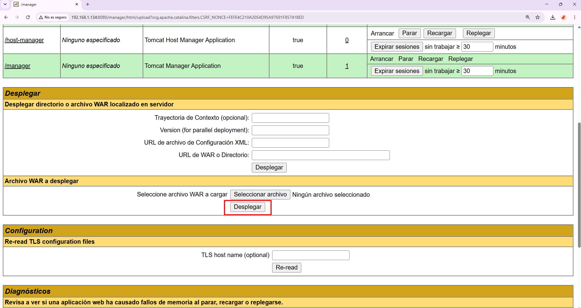 Sección de despliegue de archivos WAR en Tomcat Manager