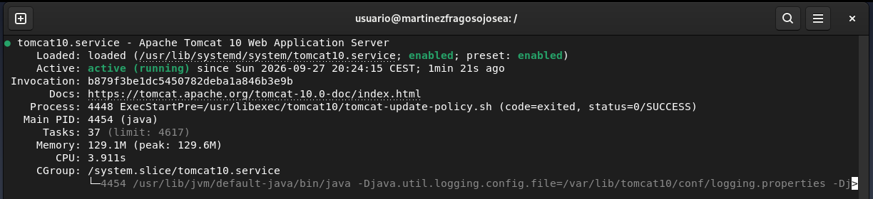 Estado del servicio Tomcat en Debian