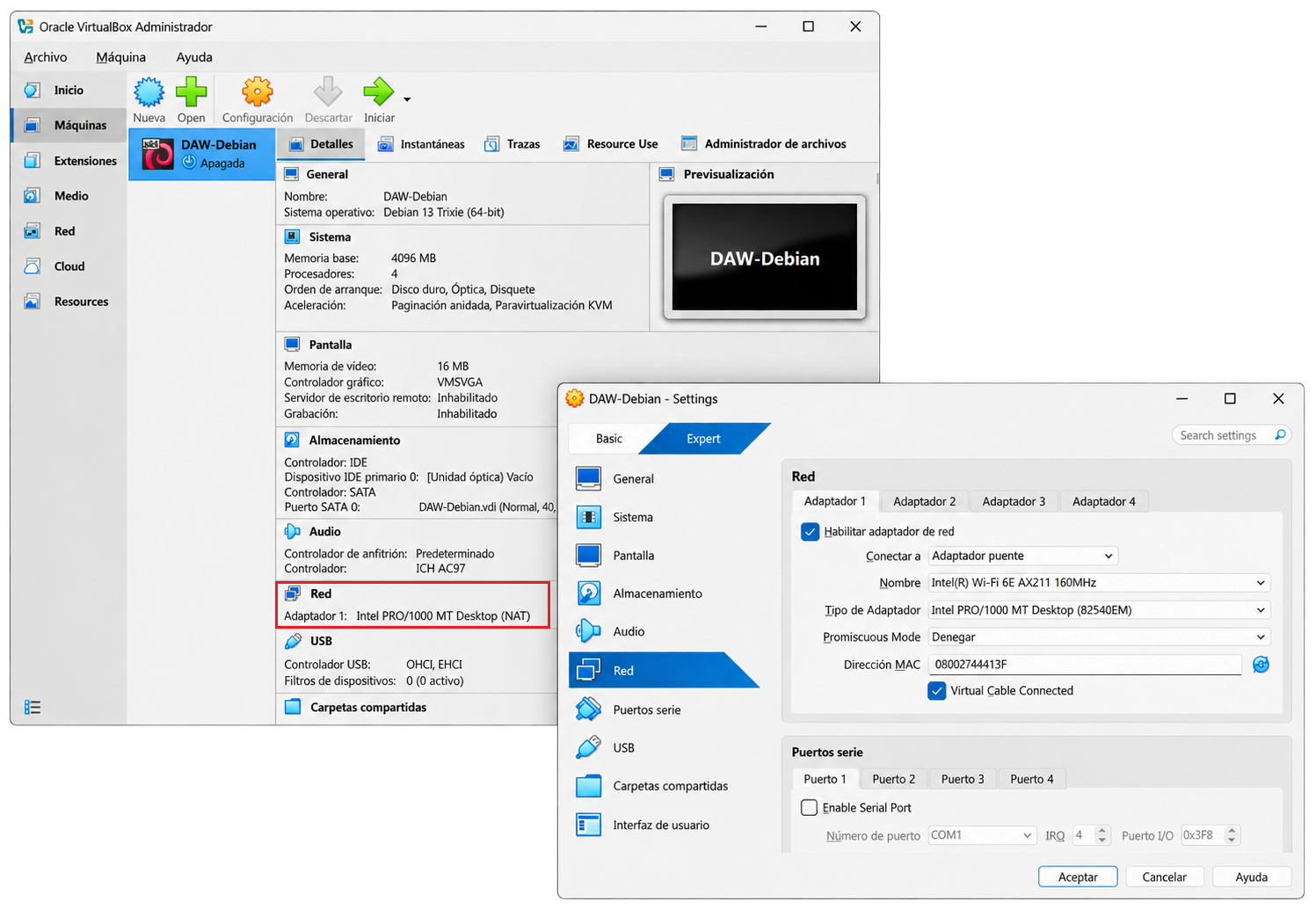 Configuración del adaptador de red en modo puente en VirtualBox